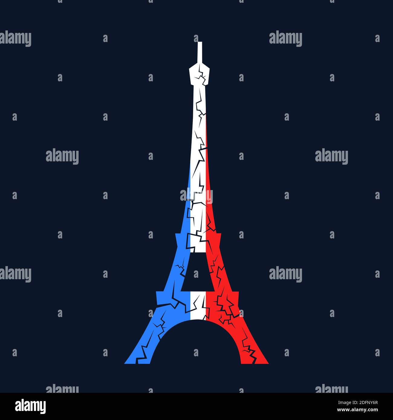 Eiffel tower with french colors and cracks decline, decay, problems