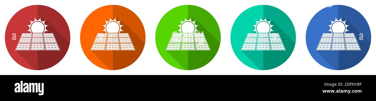 Sun over solar panel vector icon set, red, blue, green and orange flat ...