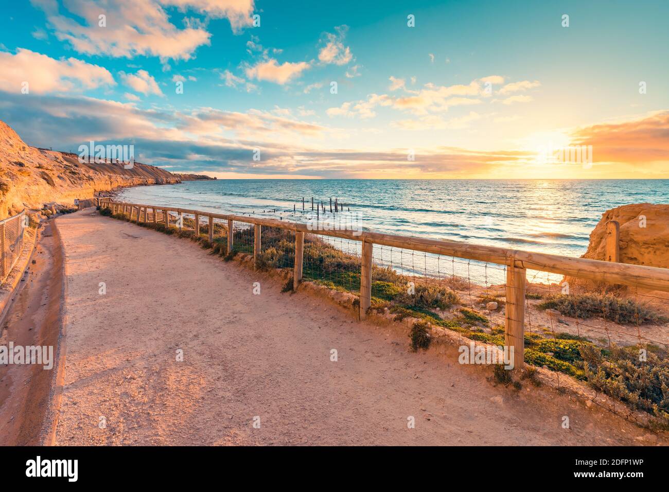 Port Willunga beach walking trail at sunset, South Australia Stock Photo