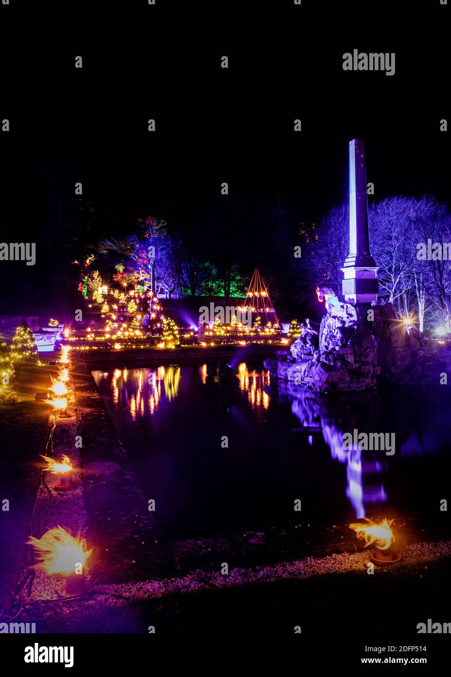 Christmas light installation in the water terrace on the Blenheim Christmas lights trail Stock