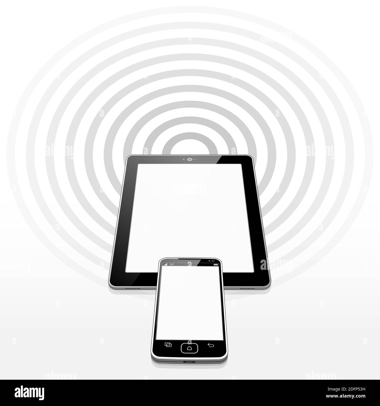 A Smart Phone placed overlapping a Tablet PC device. Emitting from both devices is a strong advanced Wi-Fi signal. Stock Photo