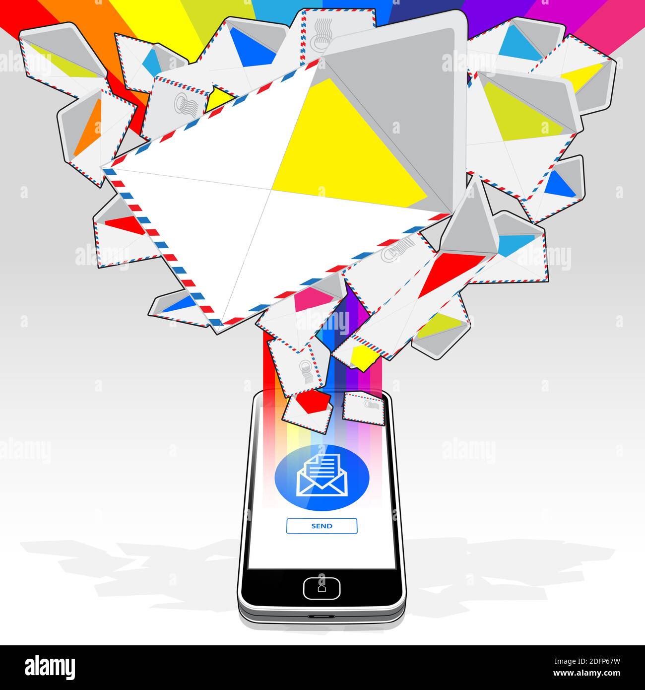 A Smart Phone, sending and receiving electronic mail. Illustrated is a stream of email randomly emitting / streaming from its display screen. Stock Photo