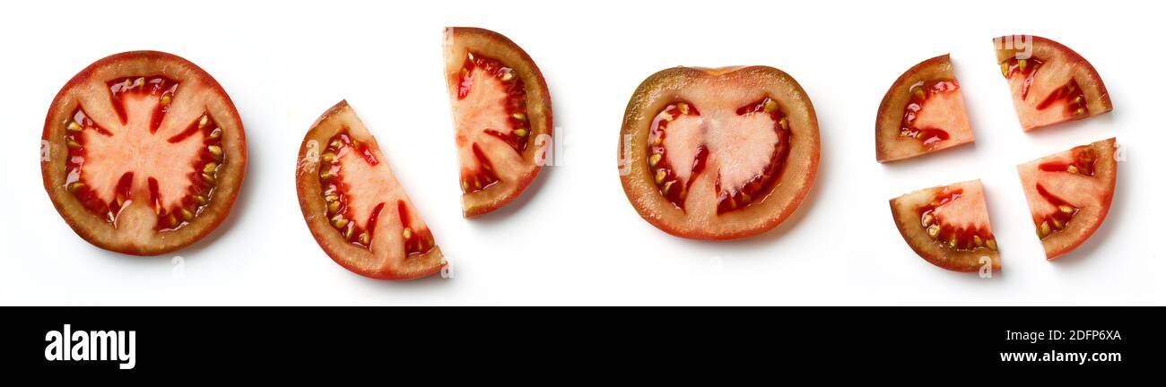 Sliced Dark Tomato isolated on white background, top view Stock Photo