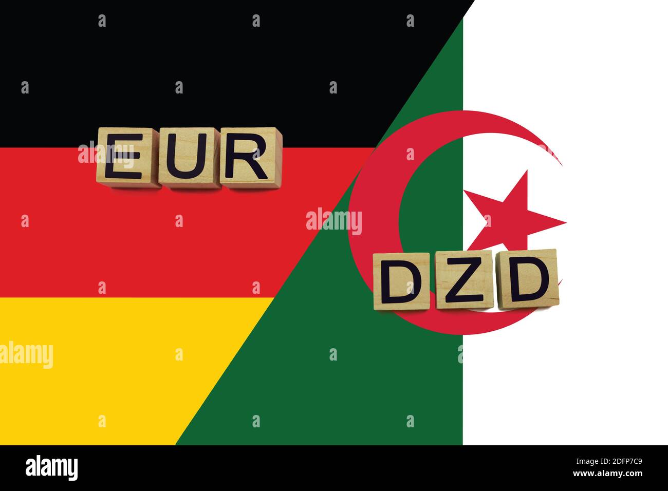Germany and Algeria currencies codes on national flags background ...