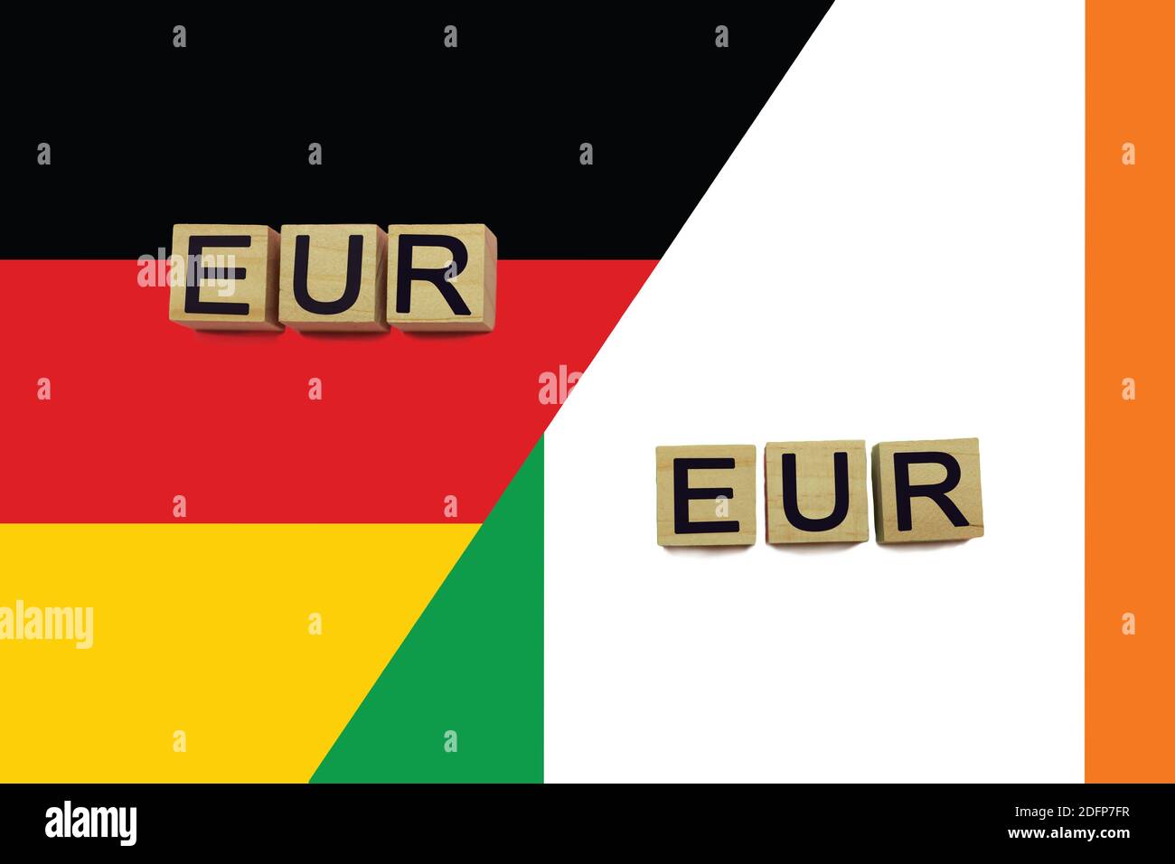 Germany and Ireland currencies codes on national flags background. International money transfer