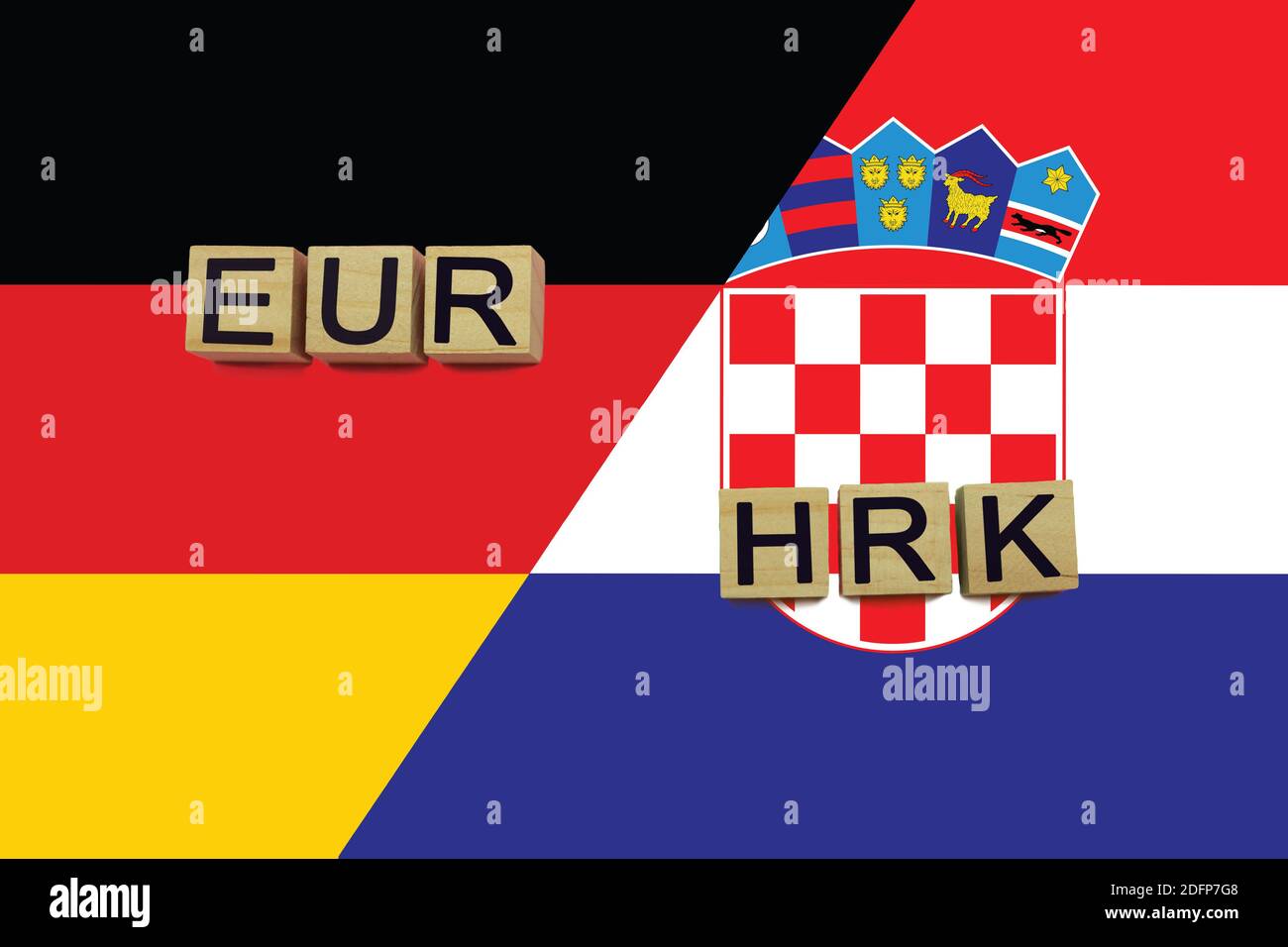 Germany and Croatia currencies codes on national flags background. International money transfer concept Stock Photo