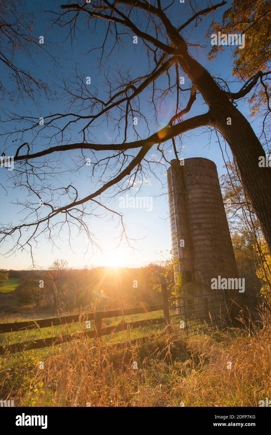 Sunset across an agricultural field in rural Virginia. Stock Photo