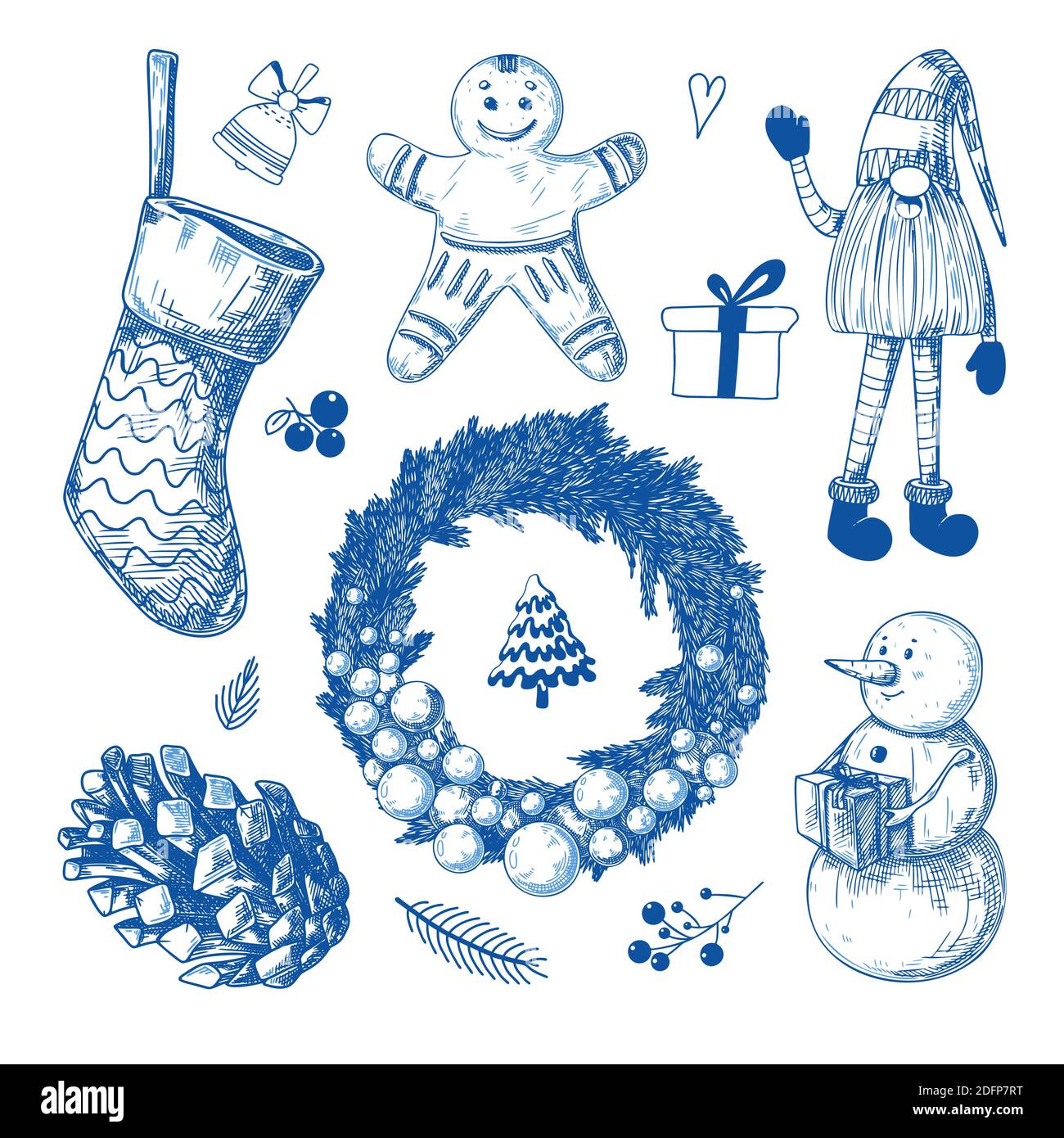 Christmas set. Different Christmas elements on a white background. Sketch, vector Stock Vector