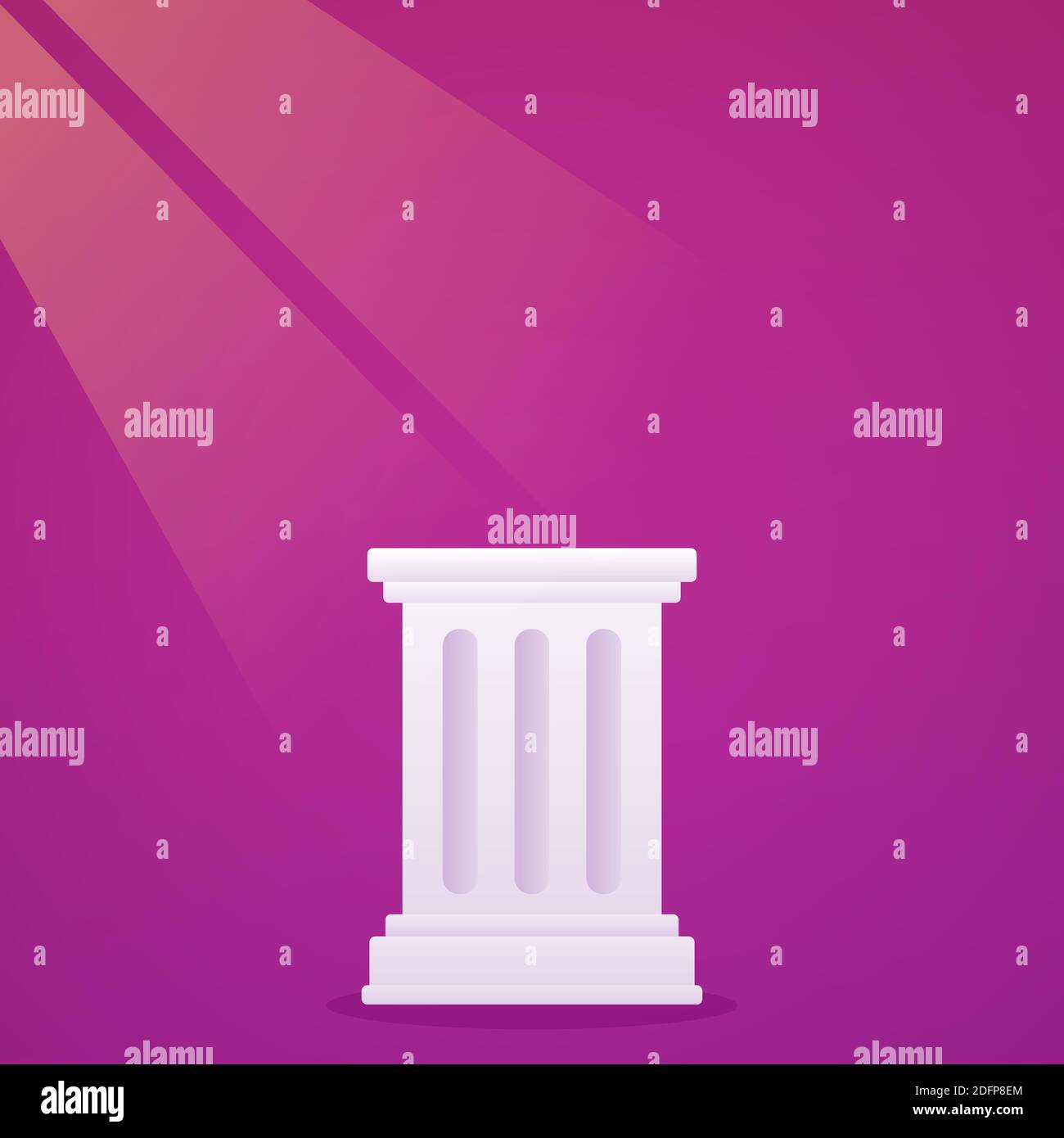 Empty spotlight pedestal. Classic Greek or Roman column with rays of light on purple background. Vector clip art illustration. Stock Vector