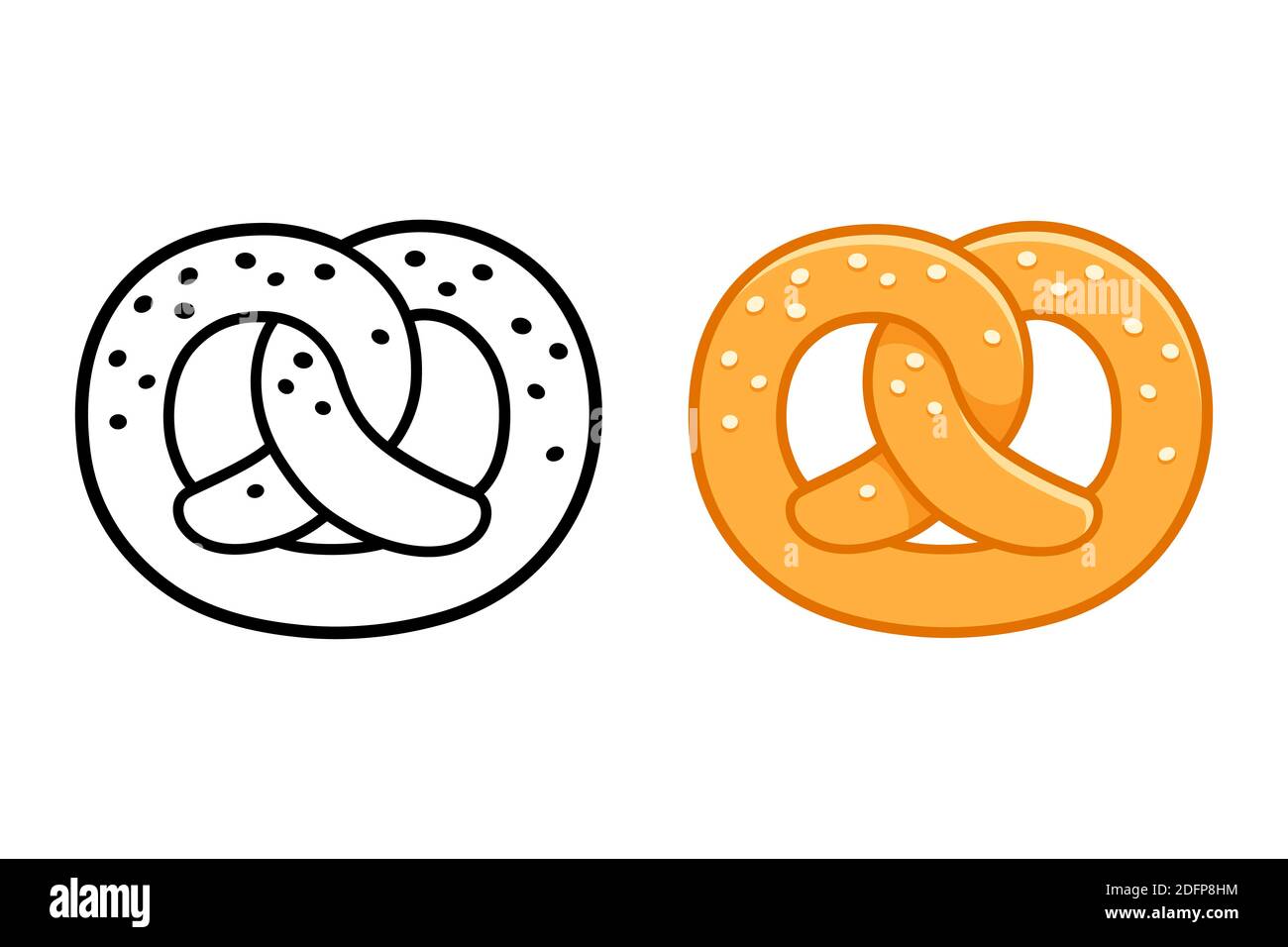 Soft pretzels, traditional German bakery snack. Black and while icon and color drawing. Isolated cartoon vector illustration. Stock Vector