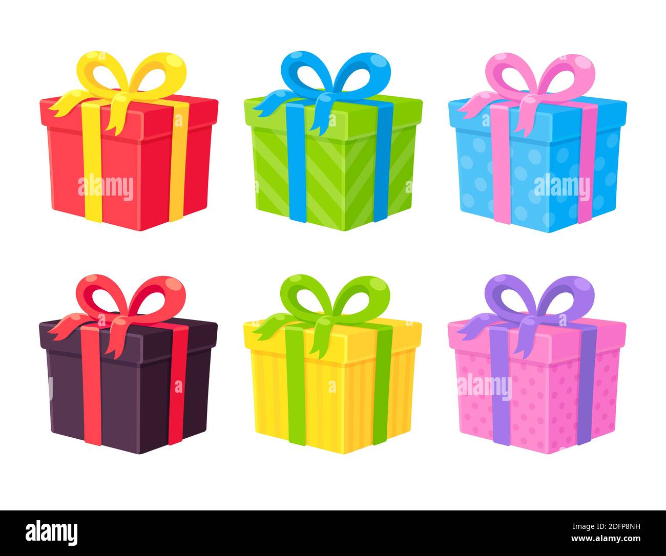 Christmas gift boxes set, different colors. Wrapped present box with ribbon bow. Isolated vector illustration. Stock Vector