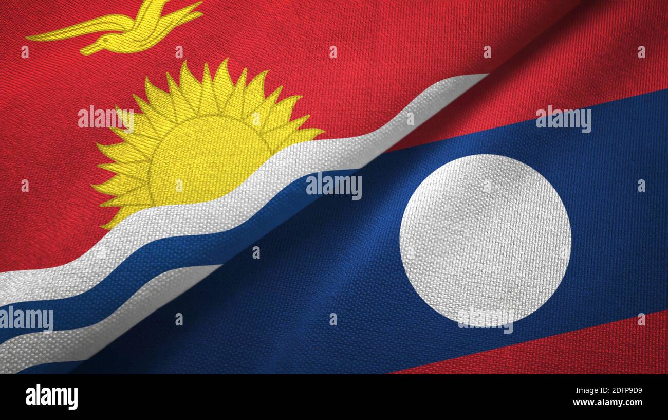 Kiribati and Laos two flags textile cloth. Stock Photo