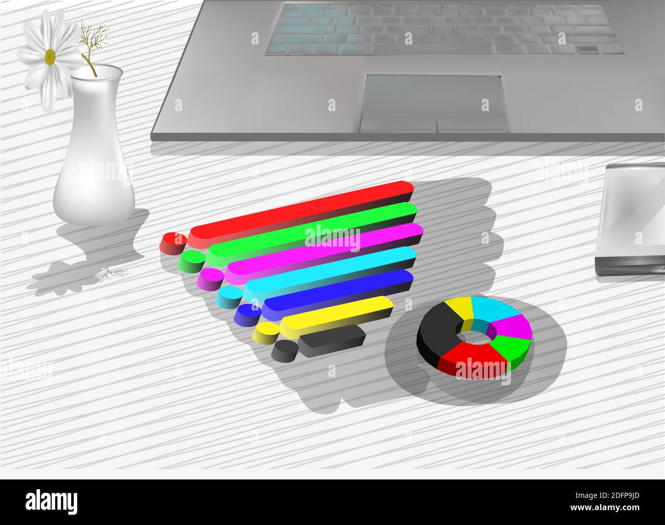 notebook and graph on grey table Stock Vector