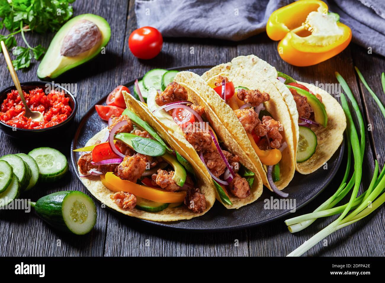chicken street corn tacos with veggies and salsa Stock Photo