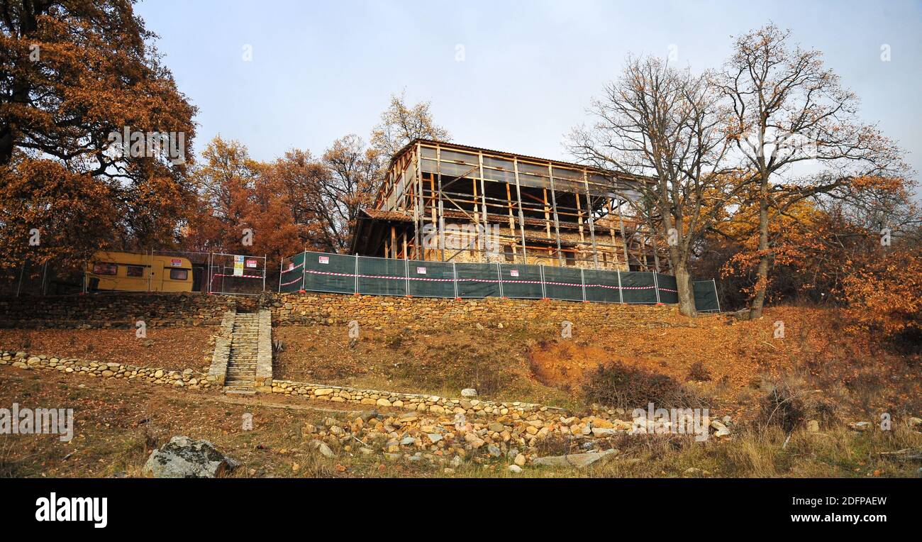 KURBINOVO, MACEDONIA. DECEMBER 5, 2020- Restoration of the outer walls of the will known church of St. George built 1191 AD in the village of Kubinovo Stock Photo