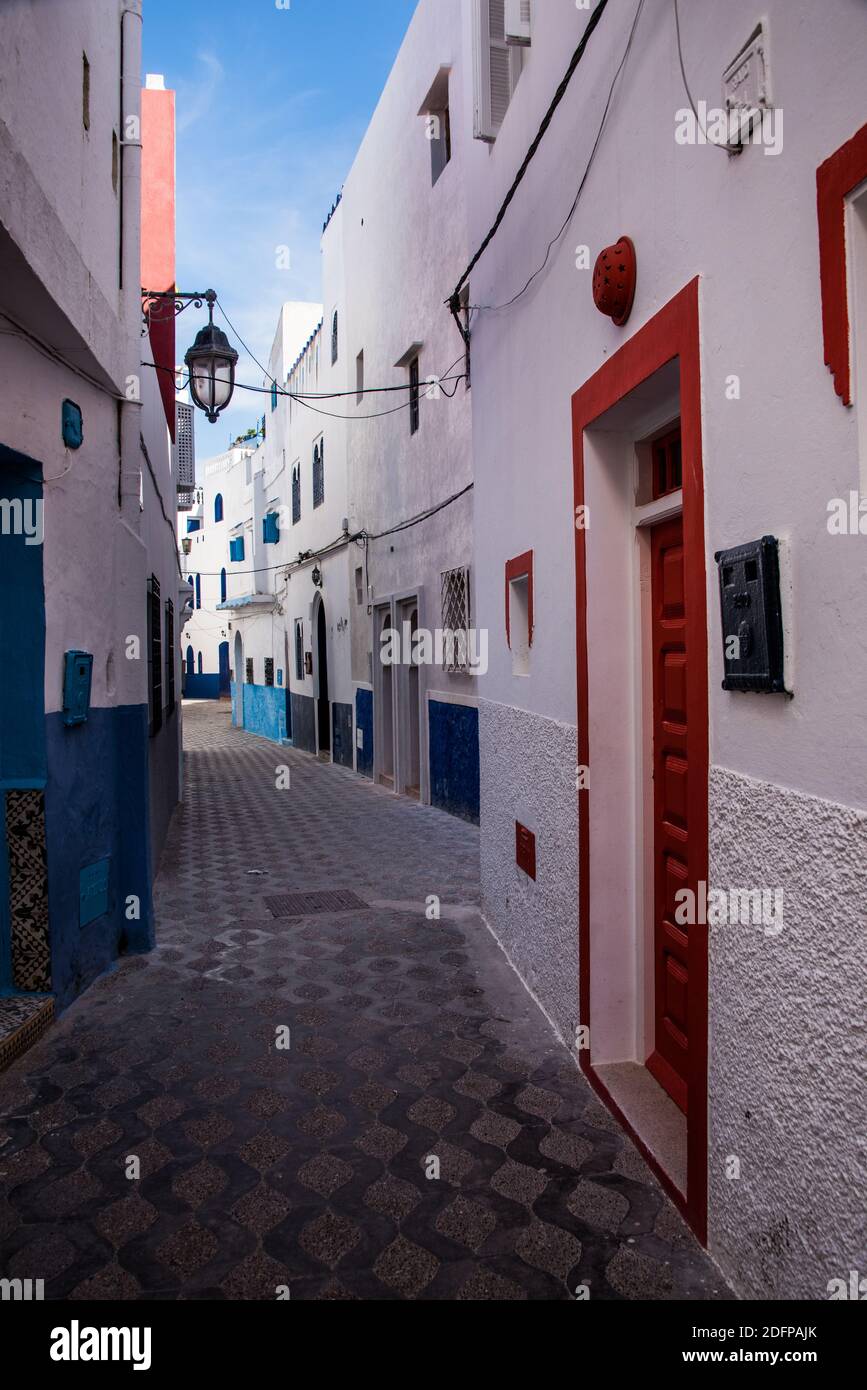 View of the street with typical white and blue Arabic architecture in Winter Stock Photo