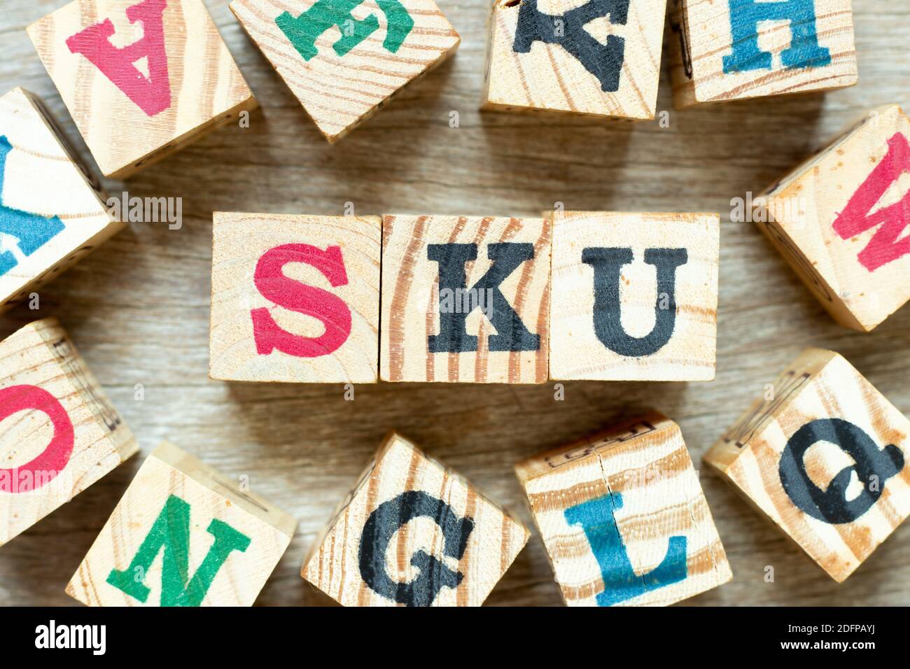 Alphabet letter block in word SKU (abbreviation of stock keeping unit