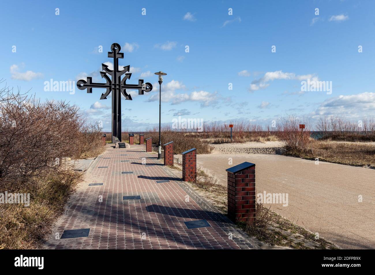 Rewa, Poland, February 26. Big steel cross made in anchor pattern in Rewa Headland Stock Photo