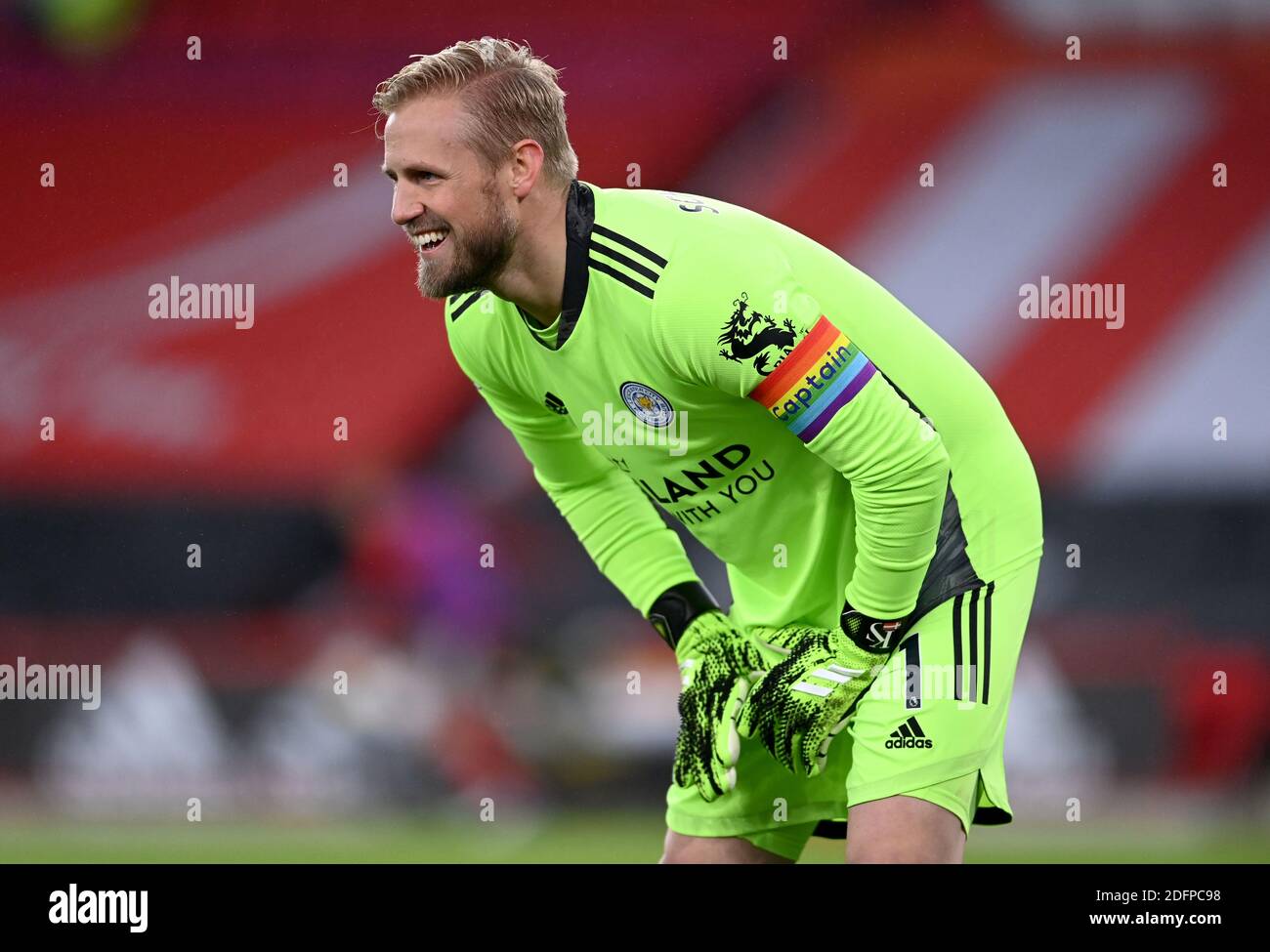Leicester City goalkeeper Kasper Schmeichel wearing a rainbow laces captains  armband during the Premier League match at Bramall Lane, Sheffield Stock  Photo - Alamy