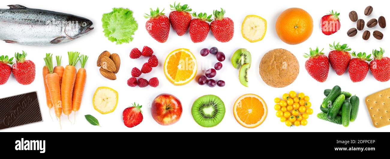 Fruits and vegetables. New year 2021 made of delicious food on the white background. Healthy food. Texture Stock Photo