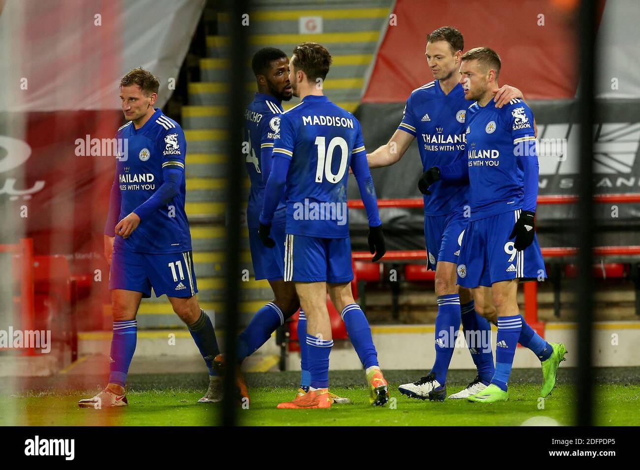 SHEFFIELD, ENGLAND. DECEMBER 6TH Leicesters Jamie Vardy is congratulated after his goal during the Premier League match between Sheffield United and Leicester City at Bramall Lane, Sheffield on Saturday 5th December 2020. (Credit: Chris Donnelly | MI News) Credit: MI News & Sport /Alamy Live News Stock Photo