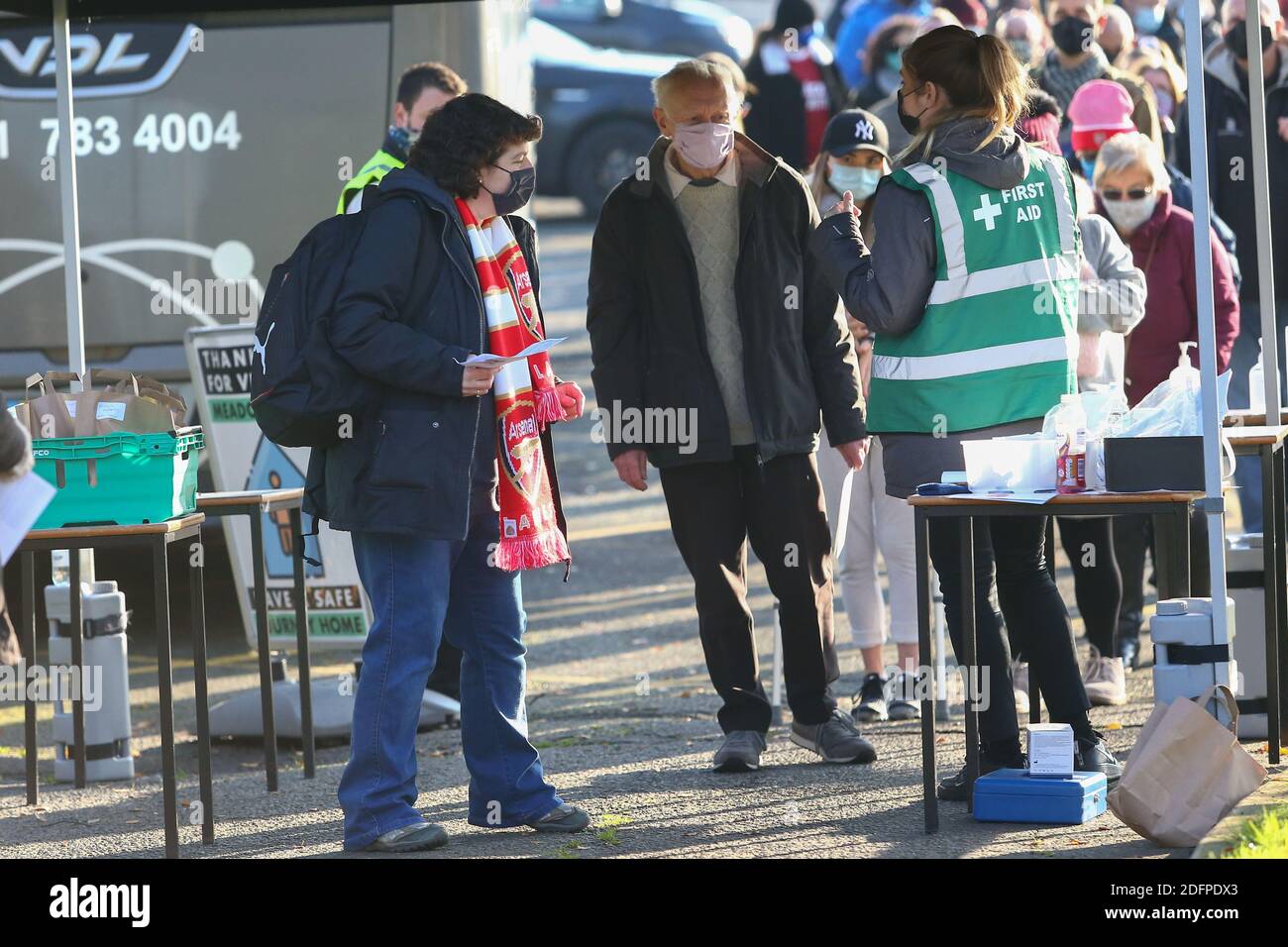 Football supporters having covid 19 temperature check on entry, UK Stock Photo