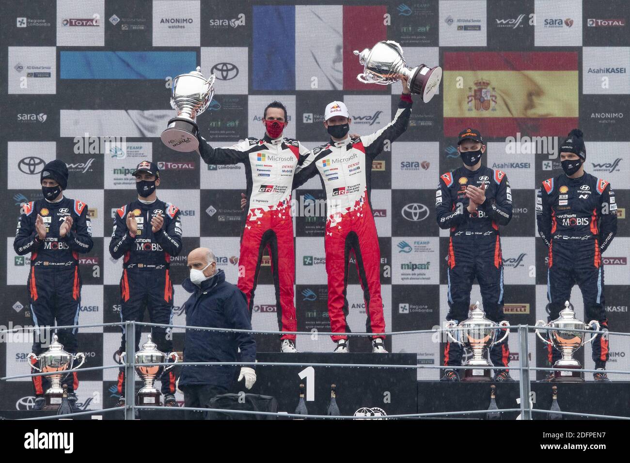 Monza, Italy. 06th Dec, 2020. OGIER Sebastien (FRA), Toyota Yaris WRC, Toyota Gazoo Racing WRT, INGRASSIA Julien (FRA), Toyota Yaris WRC, Toyota Gazoo Racing WRT, Dani SORDO (ESP), Carlos DEL BARRIO (ESP), Hyundai i20 Coupe WRC, Hyundai Shell Mobis WRT,portrait,TANAK Ott (EST), JARVEOJA Martin (EST), Hyundai i20 Coupe WRC, Hyundai Shell Mobis WRT, portrait, podium, 2020 world champions, during the 2020 ACI Rally Monza, 7th round of the 2020 FIA WRC Championship from December 3 to 8, 2020 at Monza, Brianza in Italy - Photo GrÃ©gory Lenormand / DPPI / LM Credit: Paola Benini/Alamy Live News Stock Photo