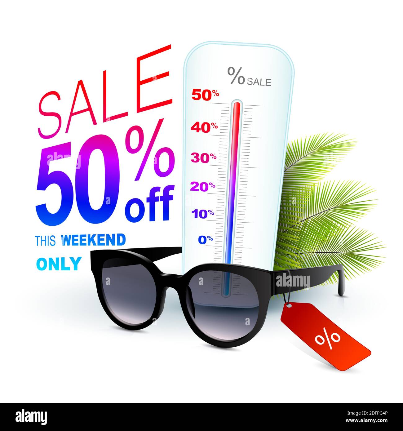 Eyewear discount banner concept with thermometer and palm leaves. Vector summer sale banner. Modern design. Fashion trendy sunglasses. Stock Vector