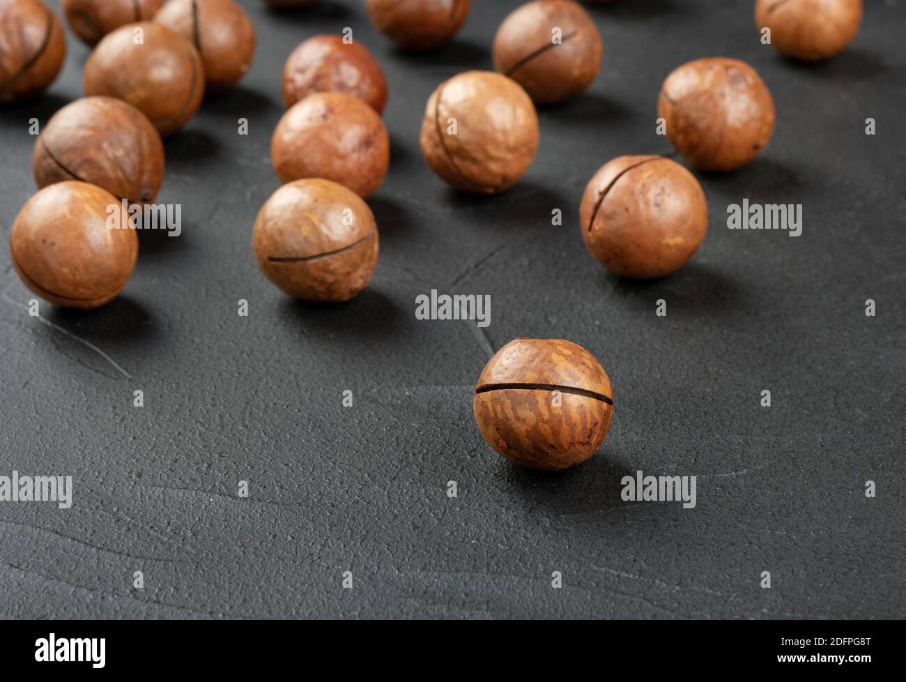 Scattered macadamia nuts in their shells on a dark background Stock Photo