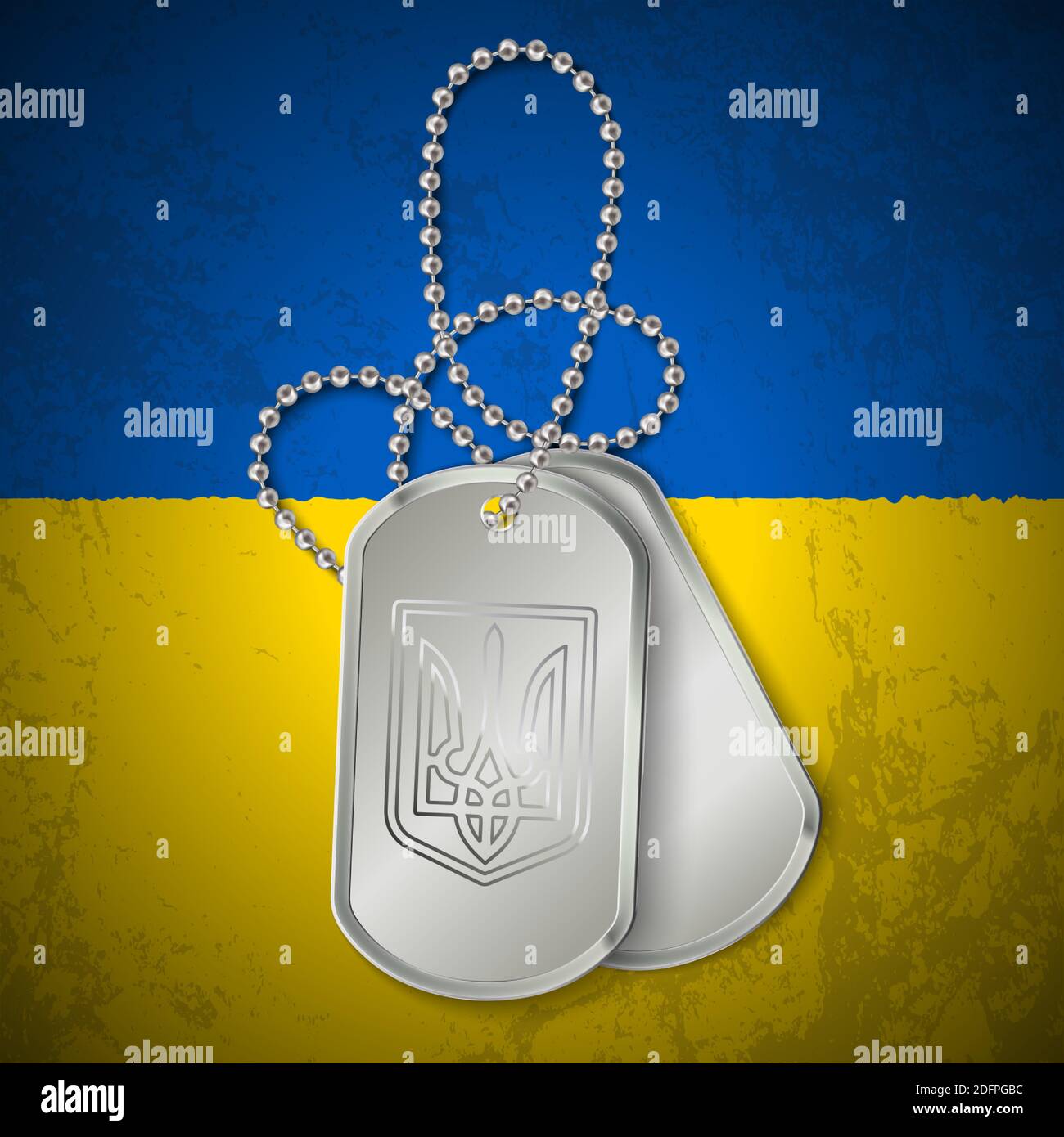 Military dog tag with national symbols of Ukraine on dirty flag. Ukraine conflict. Stock Vector