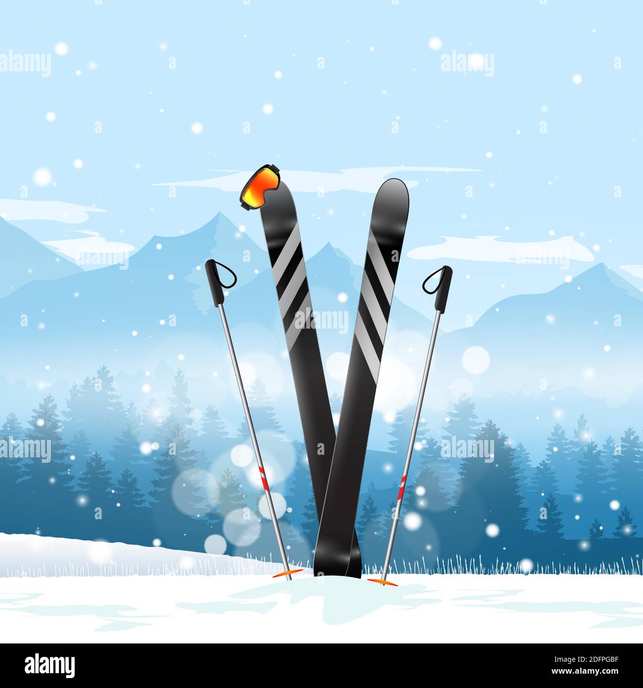Pair of cross skis in snow. Ski winter mountain landscape background. Vector illustration. Stock Vector