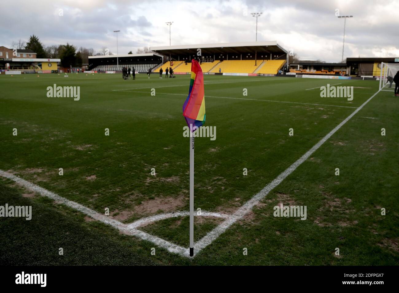 A view of a corner flag supporting the Stonewall Rainbow Laces campaign before the Sky Bet League Two match at The EnviroVent Stadium, Harrogate. Stock Photo