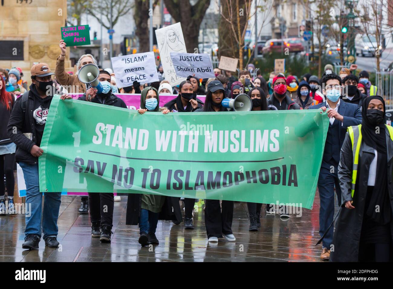 Bristol, UK. 6th Dec 2020. Anti- Islamophobia protesters march through Bristol city centre demanding more protection for Muslims. They condemned the French government’s actions towards Muslims and highlighted the case of Shukri Abdi who drowned in near Manchester, which they do not believe was an accident. Redorbital/Alamy Live News Stock Photo