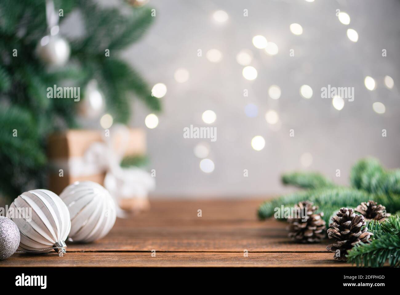 Christmas Background With Christmas Lights, Fir Tree, Toys. Copy Space For Text Or Design Stock Photo