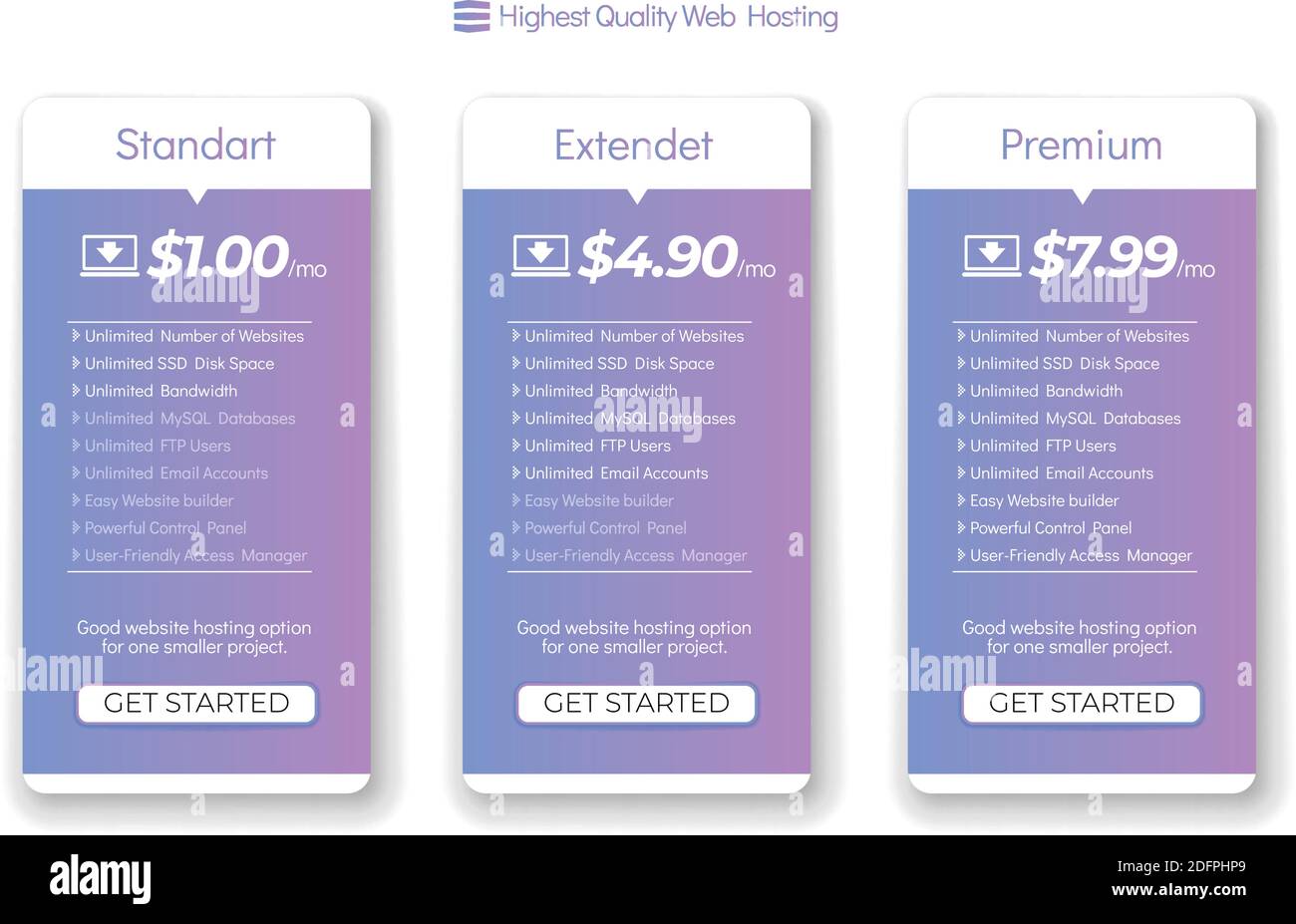 Web Hosting Boxes. Hosting plans for website. Three tariffs. Stock Vector