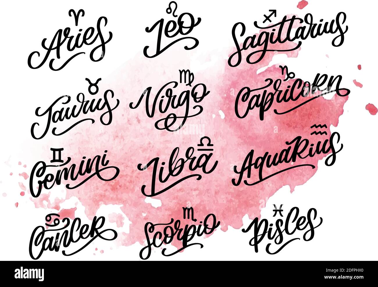 Zodiac lettering Vector Sign. Cartoon astrology text illustration. Horoscope handwritten icon set. Stock Vector