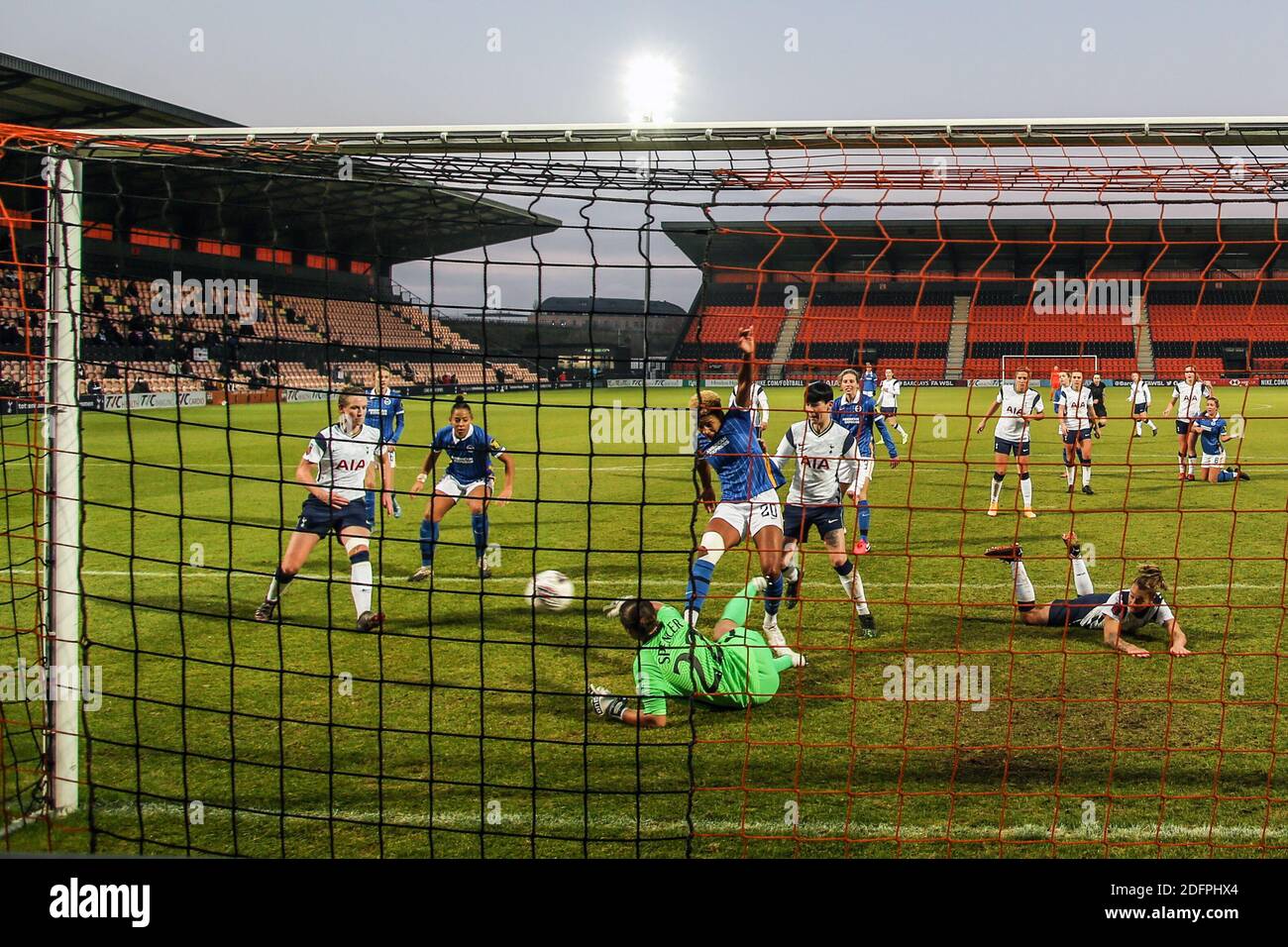 Tottenham Hotspur Women goalkeeper Rebecca Spencer saves a shot from Brighton and Hove Albion's Victoria Williams during the FA Women's Super League match at The Hive stadium, London. Stock Photo