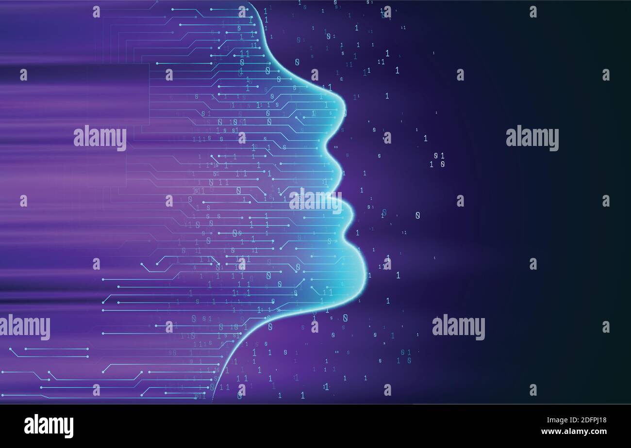 Artificial intelligence. Human face outline with circuit board inside. AI Concept. Face Recognition. Face Scanning. Big Data.Vector Illustration. Stock Vector