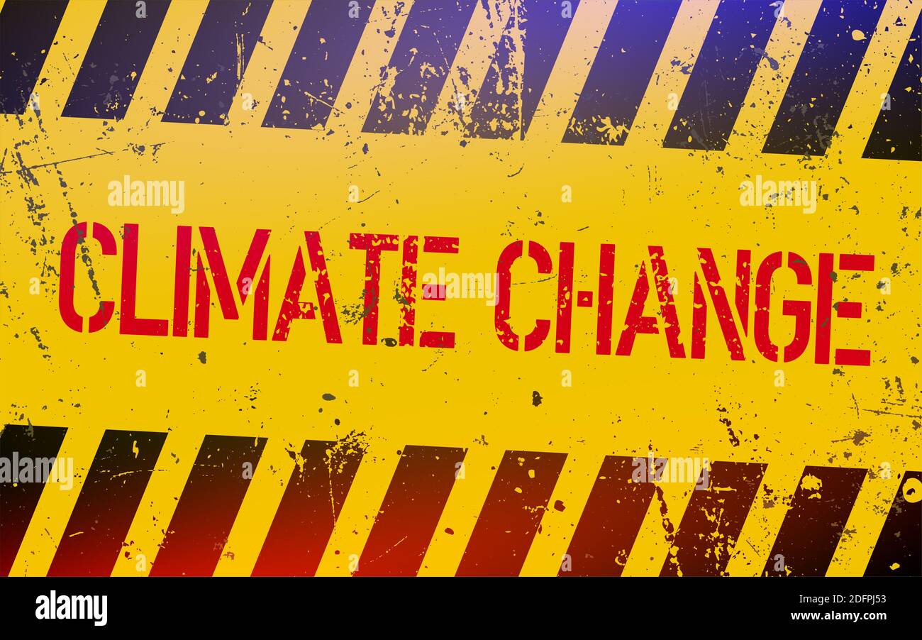 Climate change lettering on danger sign with yellow and black stripes. Stock Photo