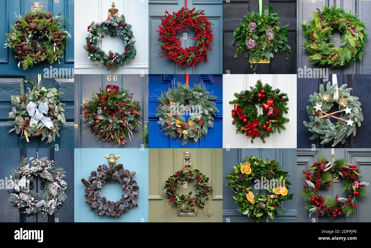 Edinburgh, Scotland, UK. 6 December 2020. A great variety of traditional Christmas wreaths adorning front doors of Georgian townhouses in Edinburgh's New Town.  Iain Masterton/Alamy Live News Stock Photo