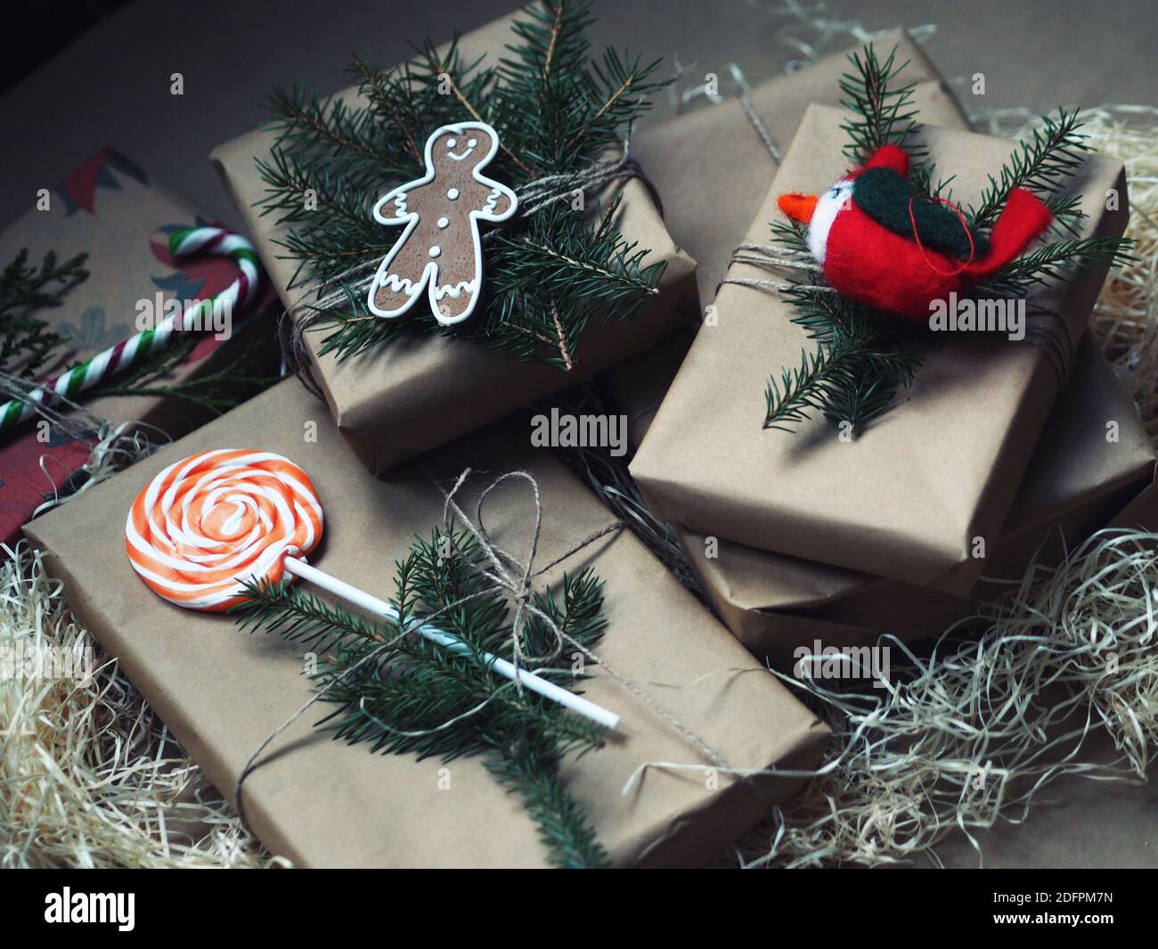 Rustic Christmas Gift Wrapping. Christmas gift boxes. View from above