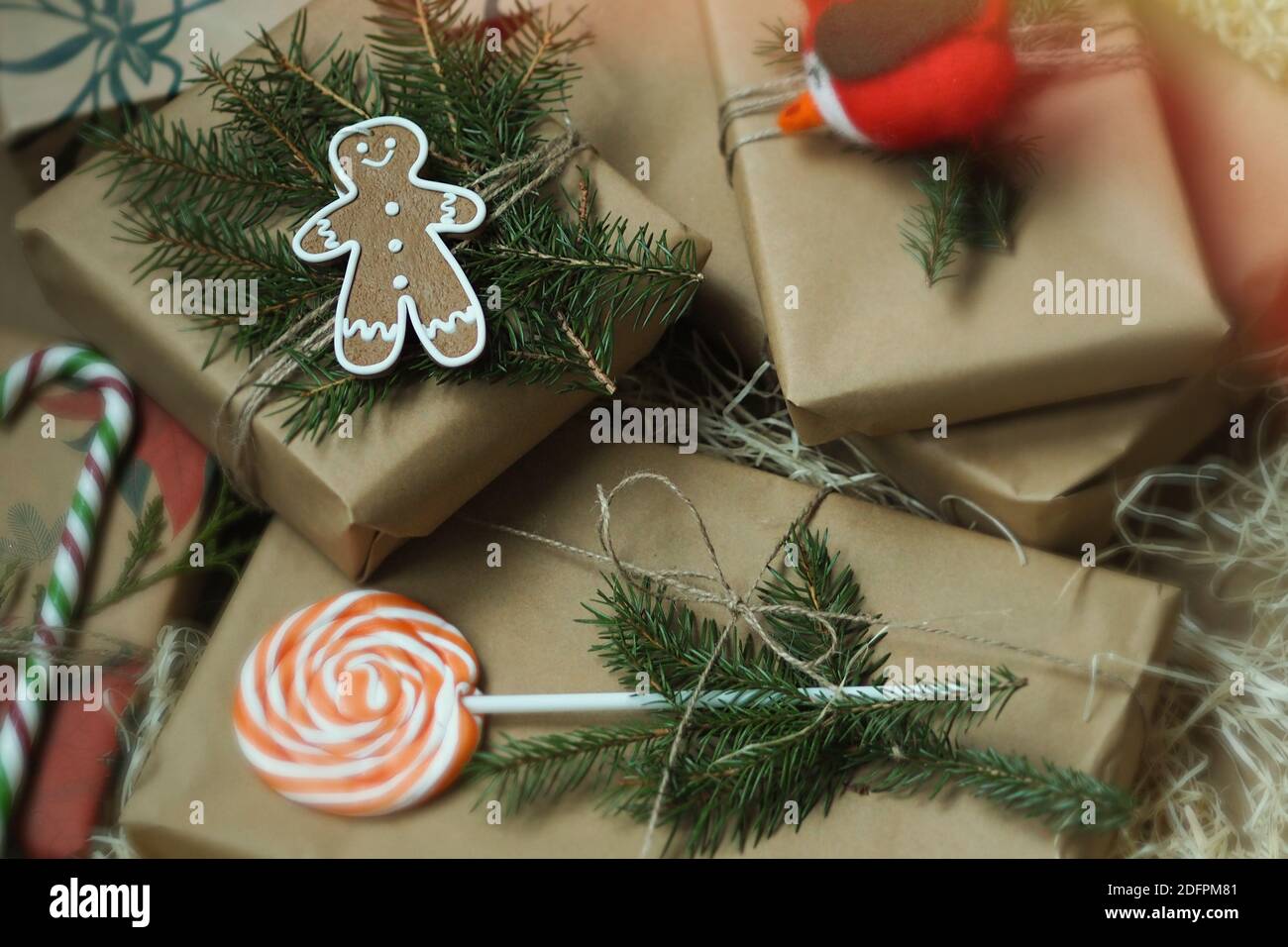 Rustic Christmas Gift Wrapping. Christmas gift boxes. View from above