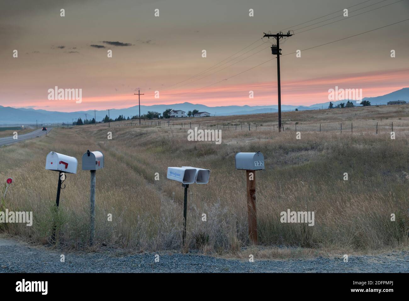 Mailboxes beside road, Boulder Mountains, Whitehall, Montana, USA Stock Photo