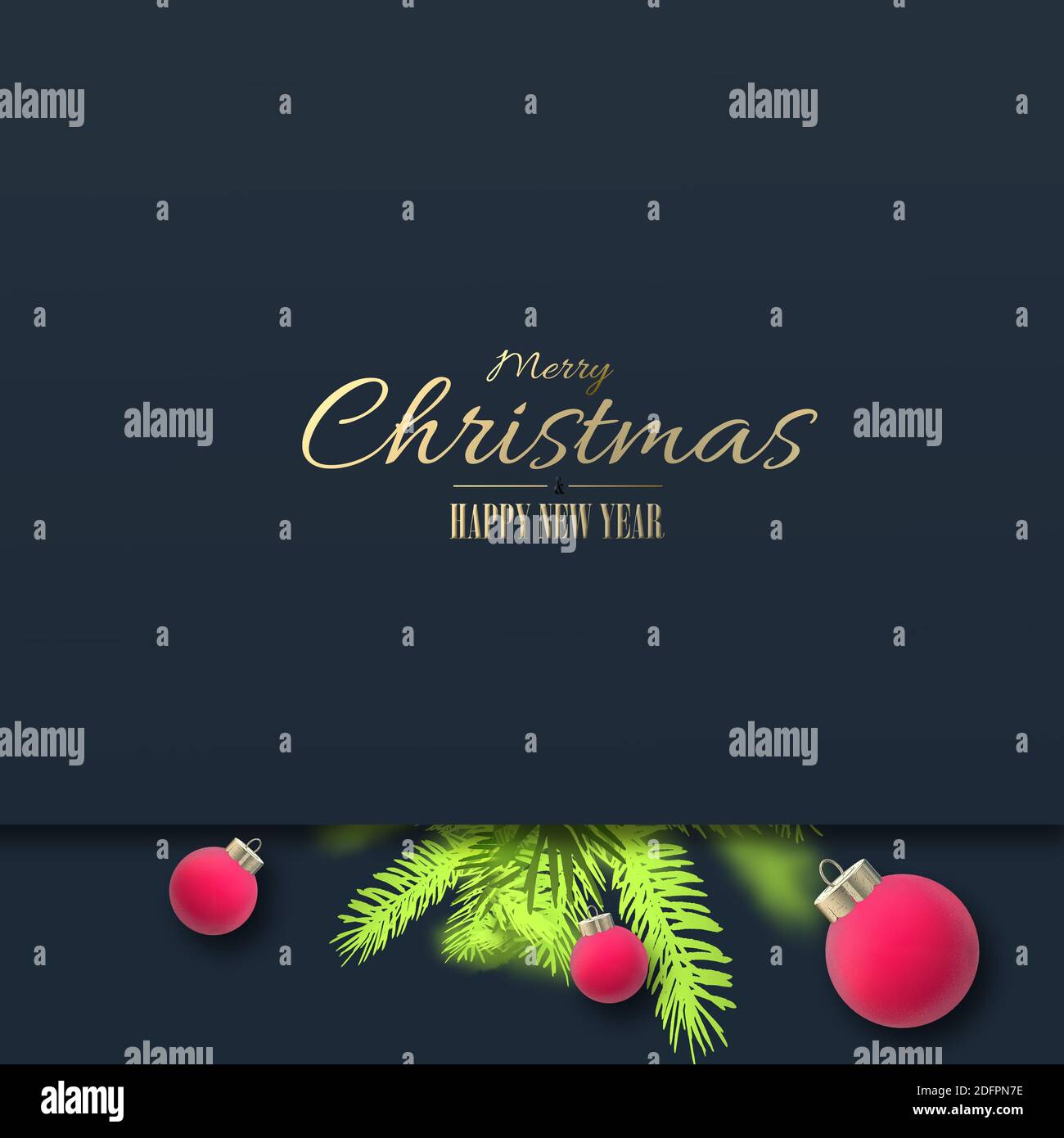 Minimalist Christmas card with Xmas fir and 3D realistic red balls baubles on blue black background. Gold Christmas holiday wishes. 3D render. Place f Stock Photo