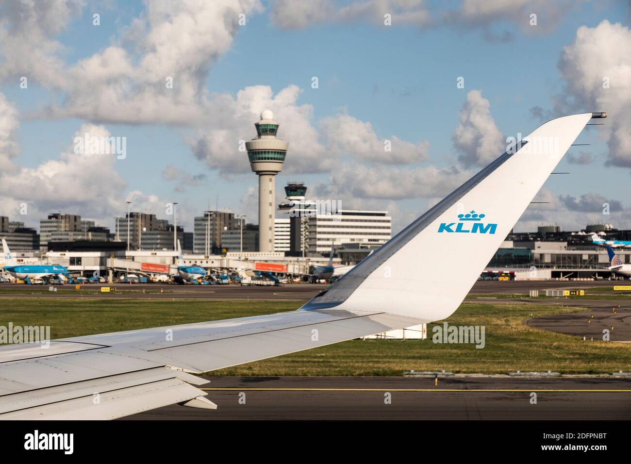 KLM logo on wingtrip at Schippol airport, Netherlands Stock Photo