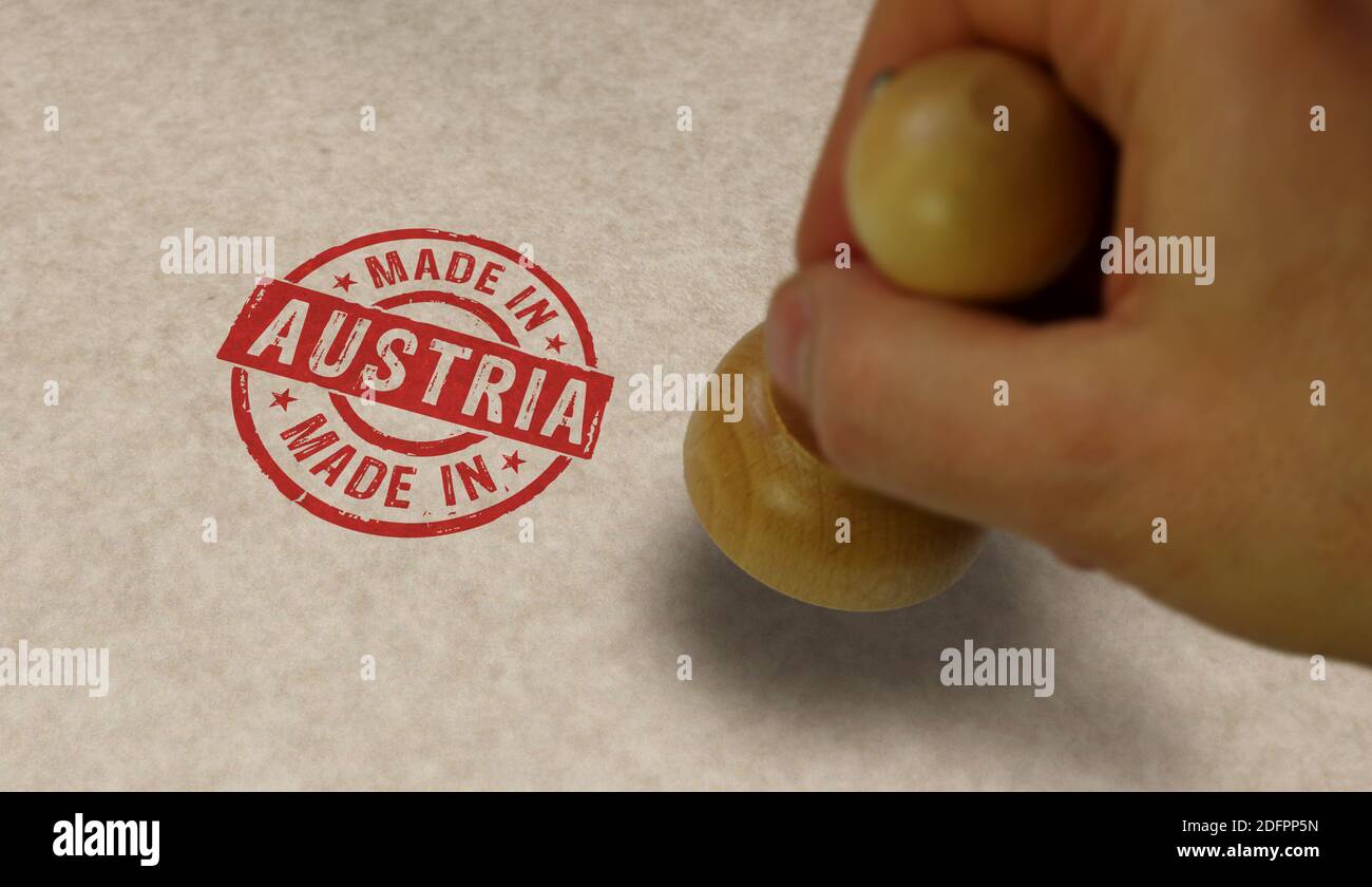 View of Made in Austria stamp and stamping hand. Factory, manufacturing and ...