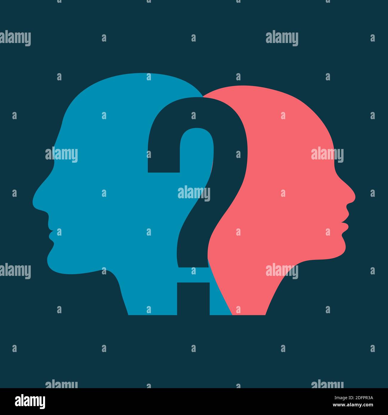 Silhouette of man and woman head with question mark, symbolizing psychological processes of understanding. Vector flat illustration. Stock Vector