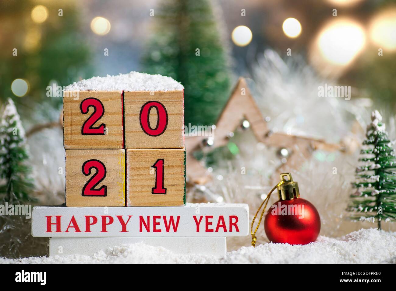 Happy New Year 2021 with Christmas tree winter holiday festive background and ornaments Stock Photo