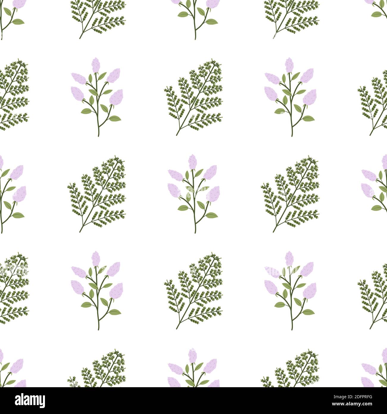 Jungle foliage seamless pattern with fern leaf and lilac flower. Exotic vector forest wallpaper. Stock Vector