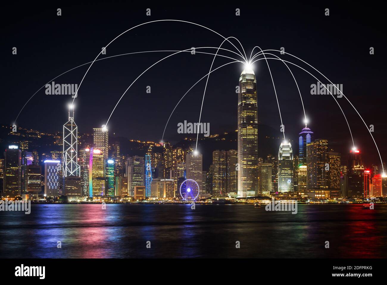 Smart city and connection lines. Urban skyline in Hong Kong, China, at night. Technology, network connection, information and smart city concept. Stock Photo